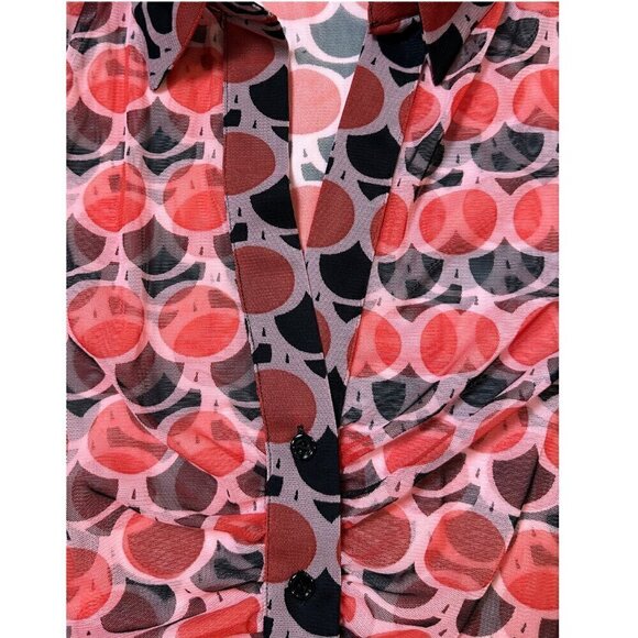 Zara Red Black Sheer Polka Dot Retro Geo Print Button Down Ruched Long Sleeve Bl - Picture 3 of 9